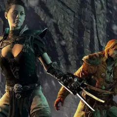 Dwie postacie z gry fantasy, kobieta i mężczyzna, w zbrojach, na tle kamiennej budowli i śniegu.