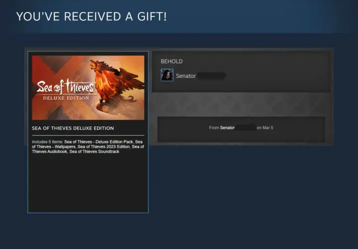 Grafika przedstawia okno Steam z otrzymanym prezentem: grą Sea of Thieves Deluxe Edition.