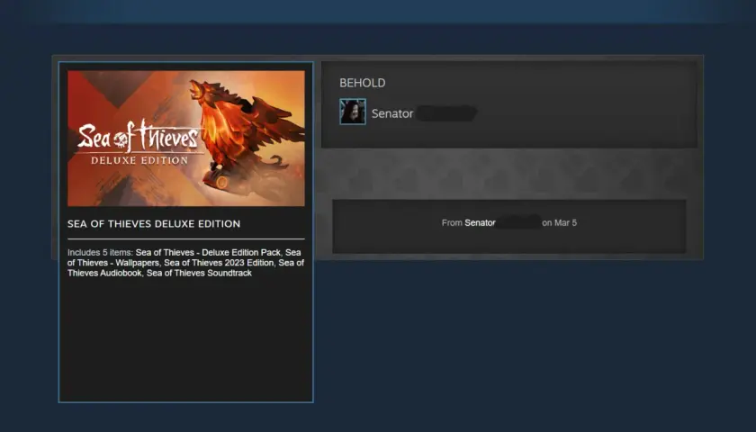 Grafika przedstawia okno Steam z otrzymanym prezentem: grą Sea of Thieves Deluxe Edition.